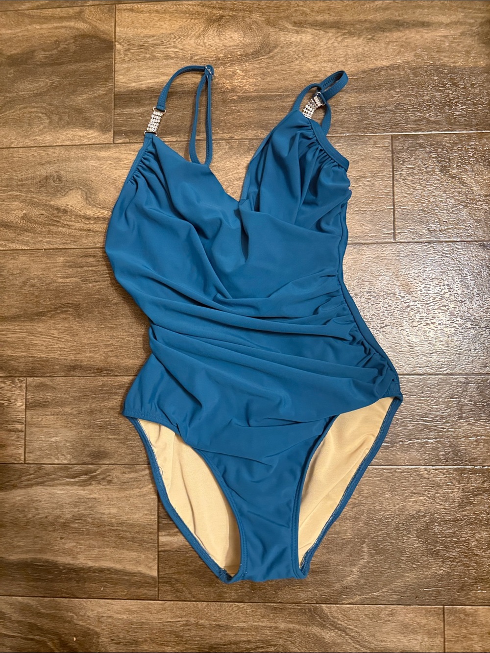 Newport News Teal One-Piece Swimsuit with Rhinestone Strap Accents